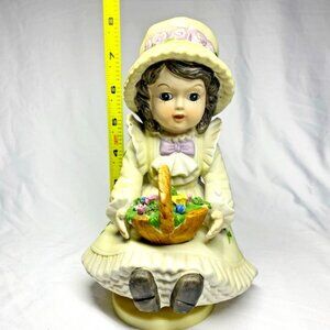 Spinning Doll Albert E Price Music Box Girl Figurine Bisque Country Flowers VTG